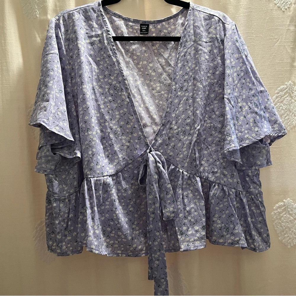 Lavender with White Floral Print Cropped Self-Tie Ruffle Hem Peplum Blouse NWOT